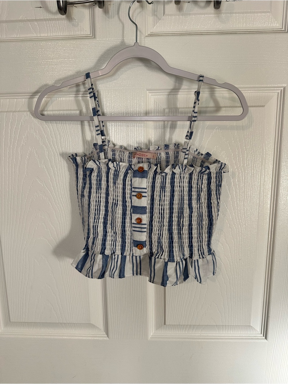 Striped Blue & White Smocked Crop Tank Top with Button Front